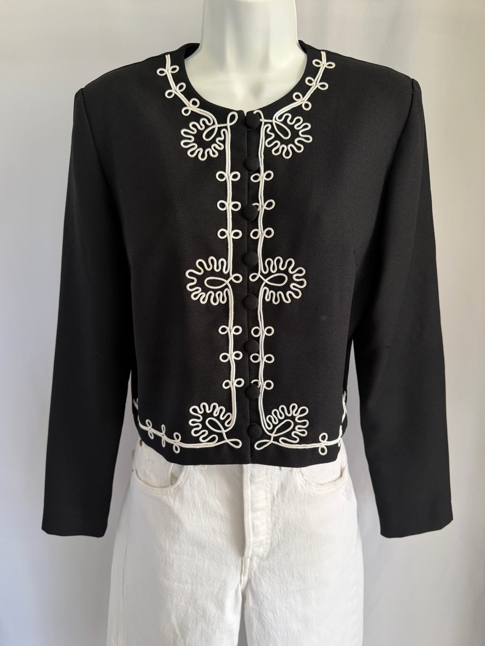 Cropped Soutache Jacket with White Embroidery, Vintage Karin Stevens Sz 6